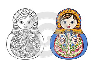 Vector coloring book for adult and kids - russian matrioshka doll. Hand drawn zentangle with floral and ethnic ornaments