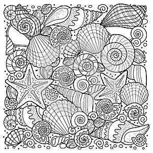 Vector coloring book for adult, for meditation and relax. Backgroun of sell, anchors, shells, stones and sand. Black and white ima