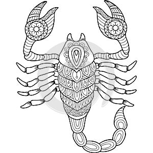 Vector coloring book for adult. Silhouette of scorpion isolated on white background. Zodiac sign scorpio. Abstract background.