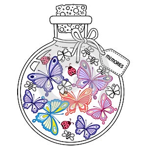 Vector Coloring book for adults. A glass vessel with memories of summer. A bottle with bees, butterflies and ladybugs