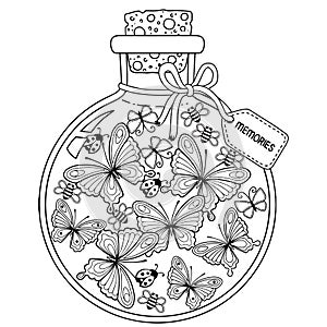 Vector Coloring book for adults. A glass vessel with memories of summer. A bottle with bees, butterflies and ladybugs