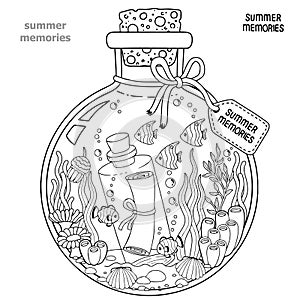 Vector Coloring book for adults. A glass vessel with memories of summer. A bottle with sea creatures - a shark, tropical fish, nem