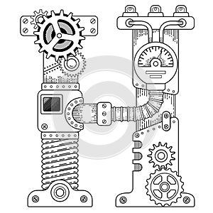 Vector coloring book for adults. Steampunk capital font. Mechanical alphabet made of metal gears and various details on