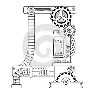 Vector coloring book for adults. Steampunk Cyrillic letter. Mechanical alphabet made of metal gears and various details
