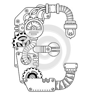 Vector coloring book for adults. Steampunk Cyrillic letter. Mechanical alphabet made of metal gears and various details