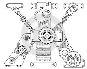 Vector coloring book for adults. Steampunk Cyrillic letter. Mechanical alphabet made of metal gears and various details