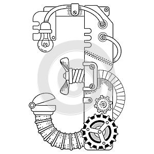 Vector coloring book for adults. Steampunk Cyrillic letter. Mechanical alphabet made of metal gears and various details