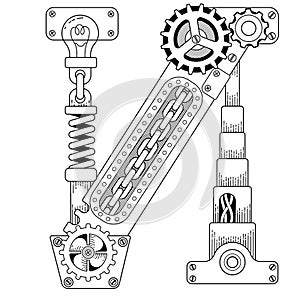 Vector coloring book for adults. Steampunk Cyrillic letter. Mechanical alphabet made of metal gears and various details