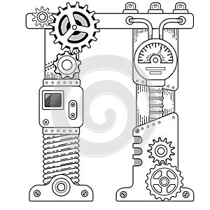 Vector coloring book for adults. Steampunk Cyrillic letter. Mechanical alphabet made of metal gears and various details