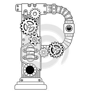 Vector coloring book for adults. Steampunk Cyrillic letter. Mechanical alphabet made of metal gears and various details