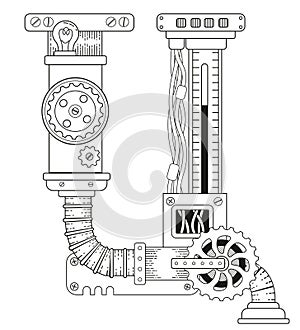 Vector coloring book for adults. Steampunk Cyrillic letter. Mechanical alphabet made of metal gears and various details