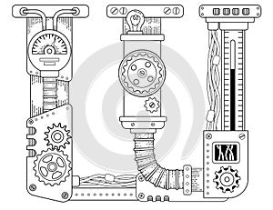 Vector coloring book for adults. Steampunk Cyrillic letter. Mechanical alphabet made of metal gears and various details