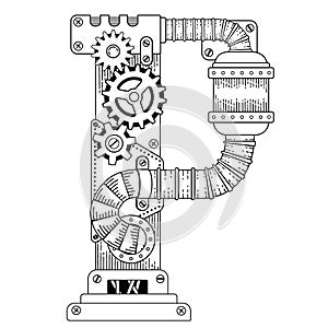 Vector coloring book for adults. Steampunk font. Mechanical alphabet made of metal gears and various details on white