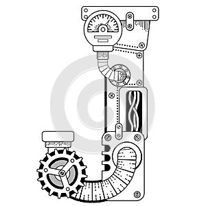 Vector coloring book for adults. Steampunk font. Mechanical alphabet made of metal gears and various details on white