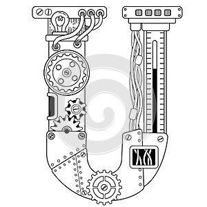 Vector coloring book for adults. Steampunk font. Mechanical alphabet made of metal gears and various details on white