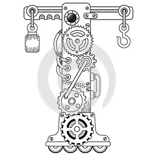 Vector coloring book for adults. Steampunk font. Mechanical alphabet made of metal gears and various details on white