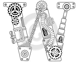 Vector coloring book for adults. Steampunk font. Mechanical alphabet made of metal gears and various details on white background.