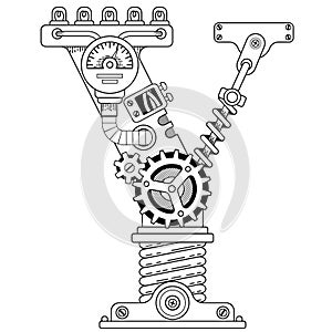 Vector coloring book for adults. Steampunk font. Mechanical alphabet made of metal gears and various details on white background.