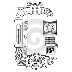 Vector coloring book for adults. Steampunk mathematical symbol zero. Mechanical number made of metal gears and various