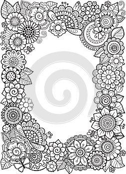 Vector Coloring book anti-stress for adults. Doodle elements. Decorative floral frame.