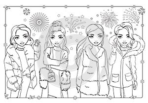 Coloring Girls In Winter Coats Watching Fireworks photo