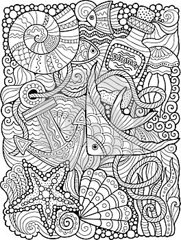 Vector coloring book. Coloring book for adult. Summers sea photo