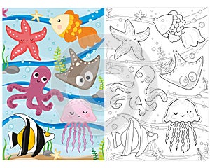 Vector coloring book marine life. coloring page sea life. Underwater world with fish, algae, squid, octopus, starfish, jellyfish.