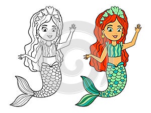 Vector coloring book with a mermaid. Black and white and color sample of the coloring page. A water girl with a fish tail,