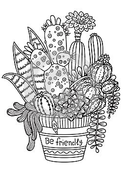 Vector Coloring book page for adult. Hand drawn set of succulents or cacti in pots. Doodles Black and white succulent