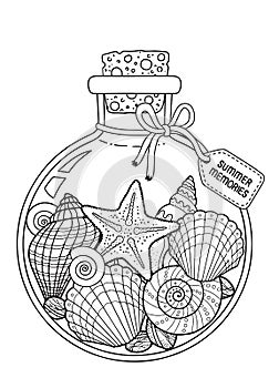 Vector Coloring book page for adult. Set of seashell in a glass bottle for summer memories