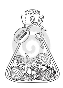 Vector Coloring book page for adult. Set of seashell in a glass bottle for summer memories