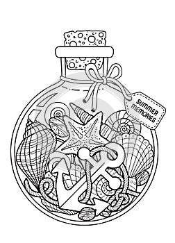 Vector Coloring book page for adult. Set of seashell in a glass bottle for summer memories