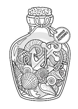 Vector Coloring book page for adult. Set of seashell in a glass bottle for summer memories