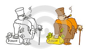 Vector coloring humorous caricature character. The rich millionaire with a cane and bag of dollars.