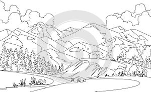 Vector coloring illustration of beautiful summer fields landscape with a dawn, mountian hills, sky, country background