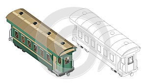 Vector coloring page with 3d model passenger Railway carriage. Isometric view. Vintage retro train graphic vector