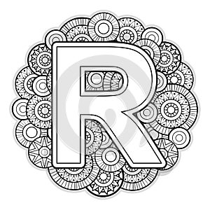 Vector Coloring page for adults. Contour black and white Capital English Letter R on a mandala background