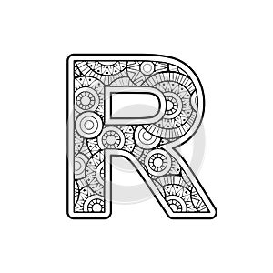 Vector Coloring page for adults. Contour black and white Capital English Letter R on a mandala background