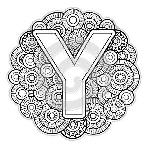 Vector Coloring page for adults. Contour black and white Capital English Letter Y on a mandala background