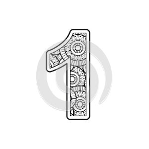 Vector Coloring page for adults. Contour black and white Number 1 on a mandala background