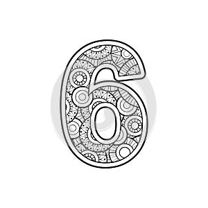 Vector Coloring page for adults. Contour black and white Number 6 on a mandala background