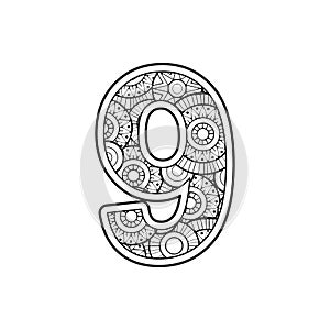 Vector Coloring page for adults. Contour black and white Number 9 on a mandala background