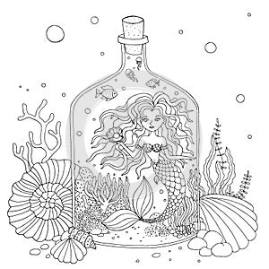 Vector coloring page mermaid in a bottle. Isolated black and white illustration on a marine theme. Anti-stress coloring