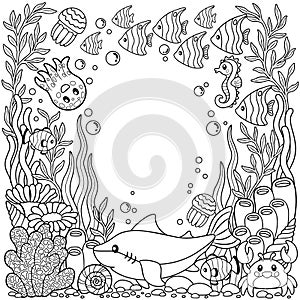 Vector Coloring printable page for child and adult. Cute sea creature on a marine background. Underwater life