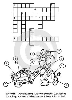 Vector colorless crossword. Bull gardener with a wheelbarrow