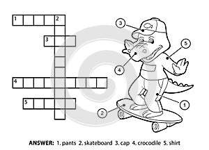 Vector colorless crossword. Cheerful crocodile on a skateboard