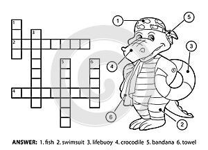 Vector colorless crossword. Crocodile swimmer with lifebuoy