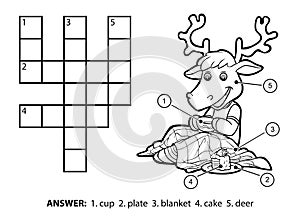 Vector colorless crossword. Deer drinking tea and eating cake