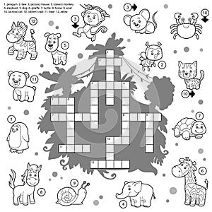 Vector colorless crossword, education game about animals