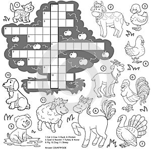 Vector colorless crossword, education game about farm animals